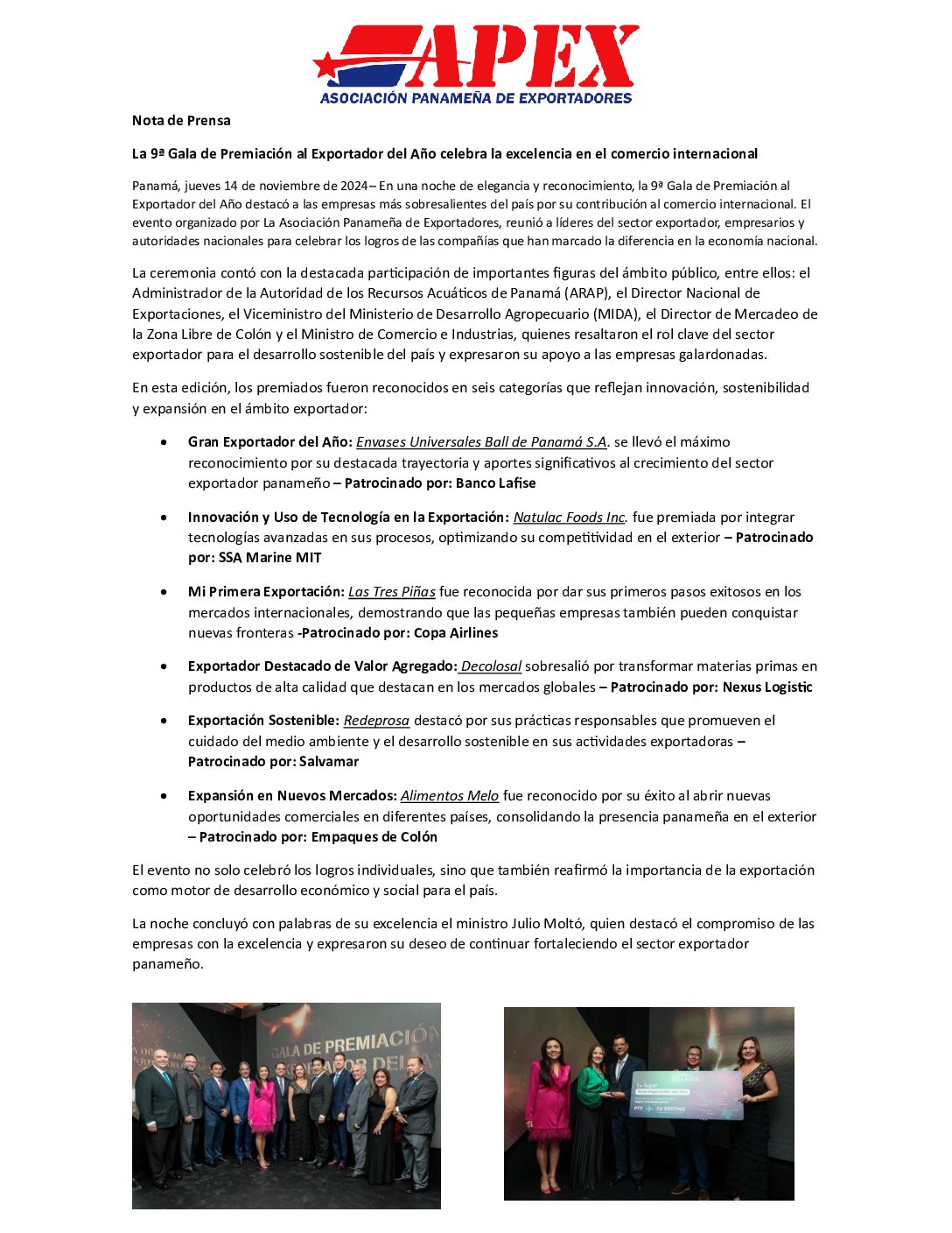 Nota de Prensa 9a Gala de Premiación al Exportador del Año 2024