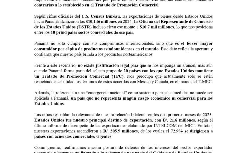 Nota de Prensa: Defensa de nuestros derechos como país exportador : Rechazo fundamentado a posibles medidas arancelarias de         EE. UU.