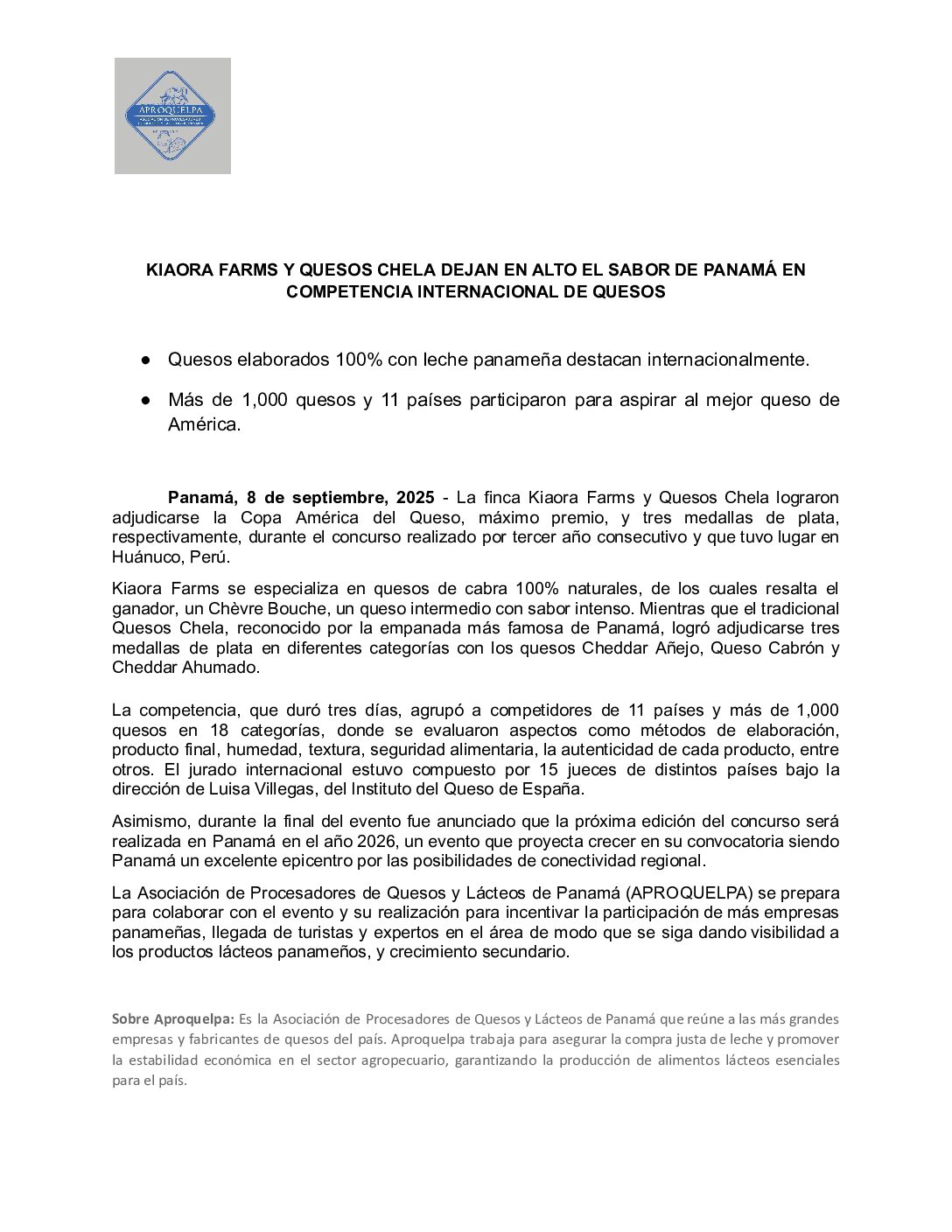 Nota de prensa: Queseros panameños brillan en la Copa Americana de Quesos 2025