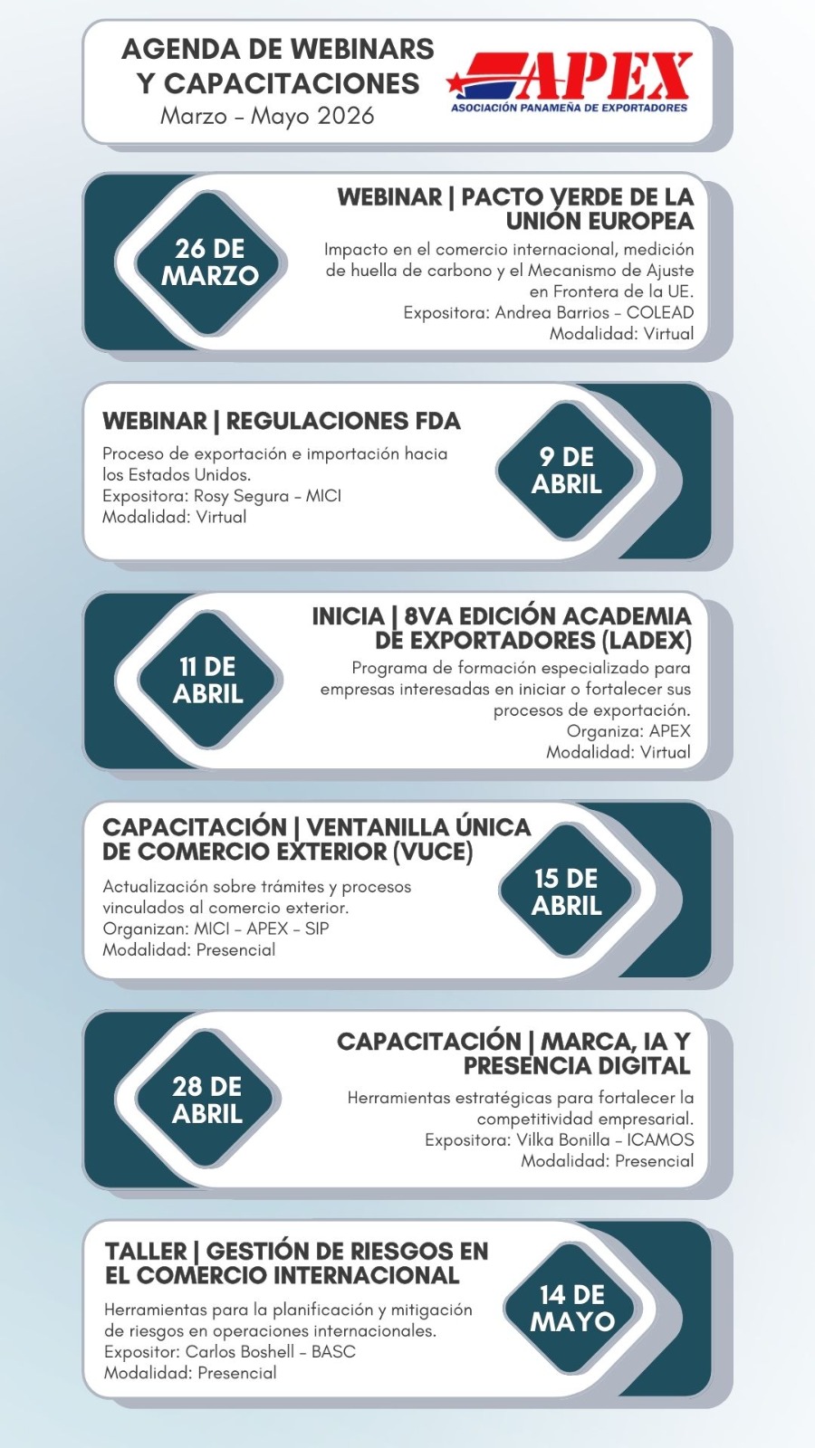 Agenda de webinars y capacitaciones - marzo, abril y mayo 2026 - Apex ...